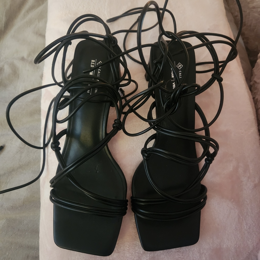 Call It Spring Black Heeled Sandals Lace-Up Design
